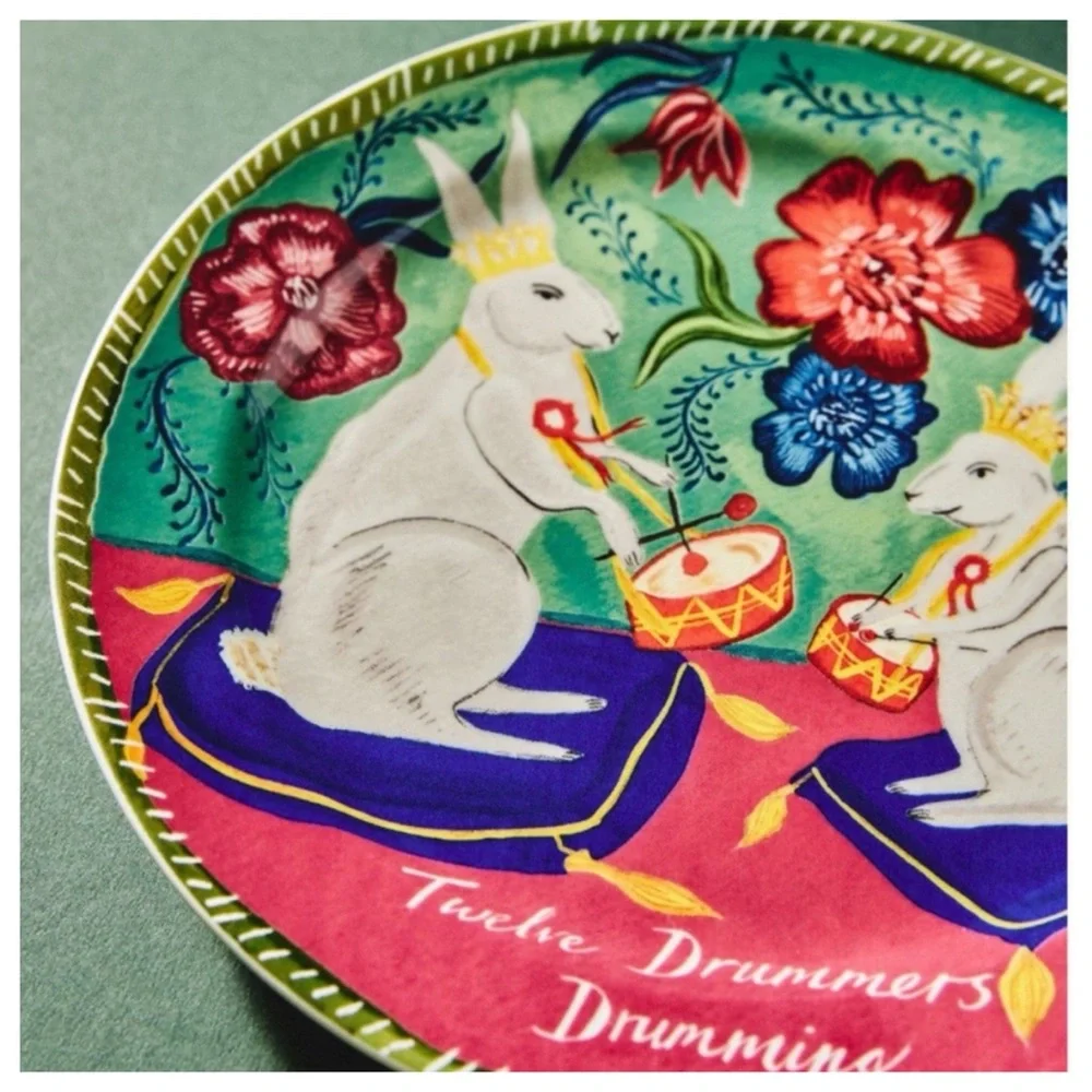 NIB Anthro Emily Maude 12 Days of Christmas 12 Drummers Drumming Dessert Plate
